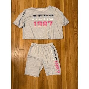 Aeropostale Gray Aero 1987 Cropped T Shirt & Shorts Set junior size  Medium